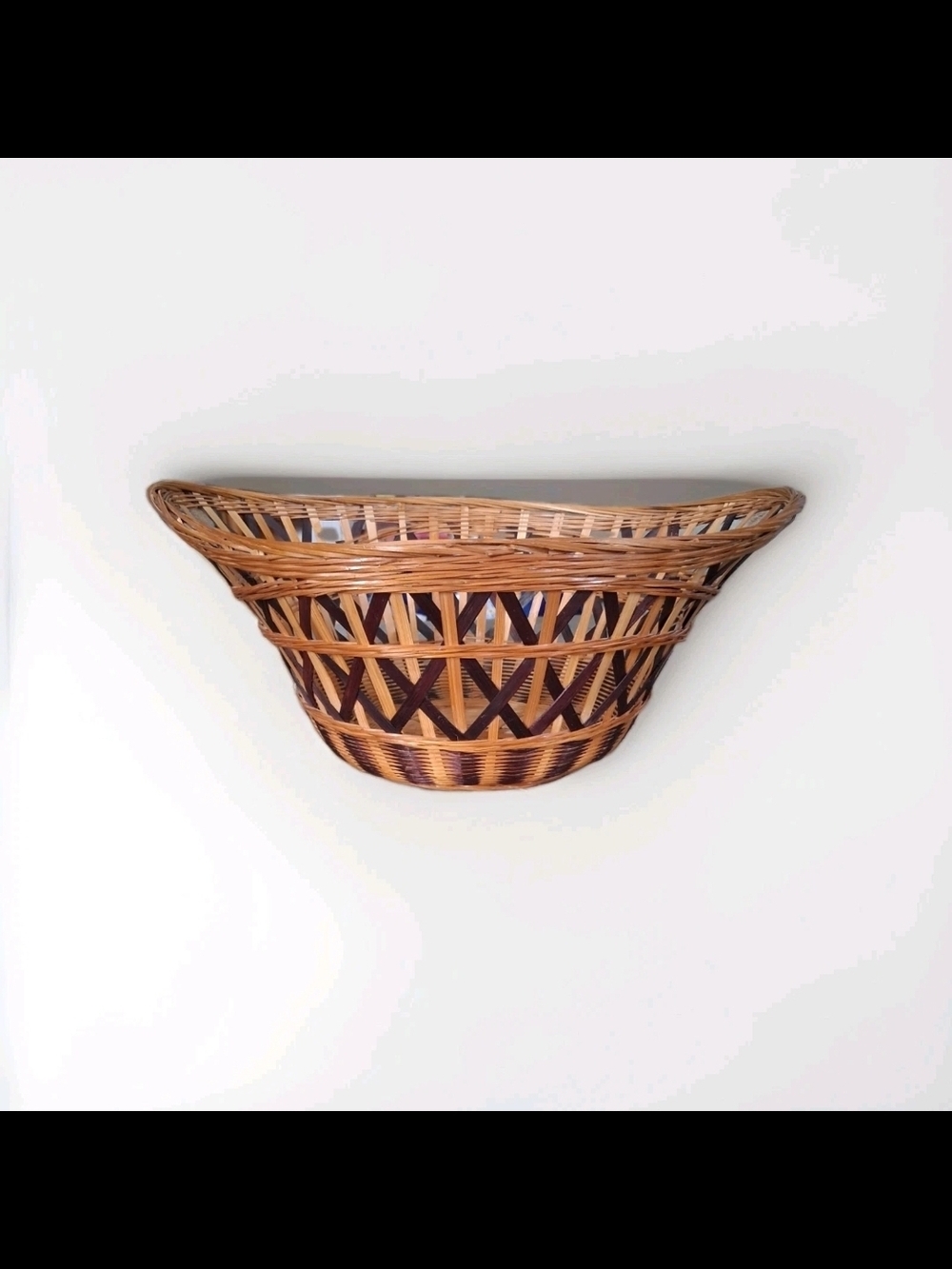 Wicker Rattan Open Weave Two-toned Natural/Dark Brown Basket, 14" x 5.5"